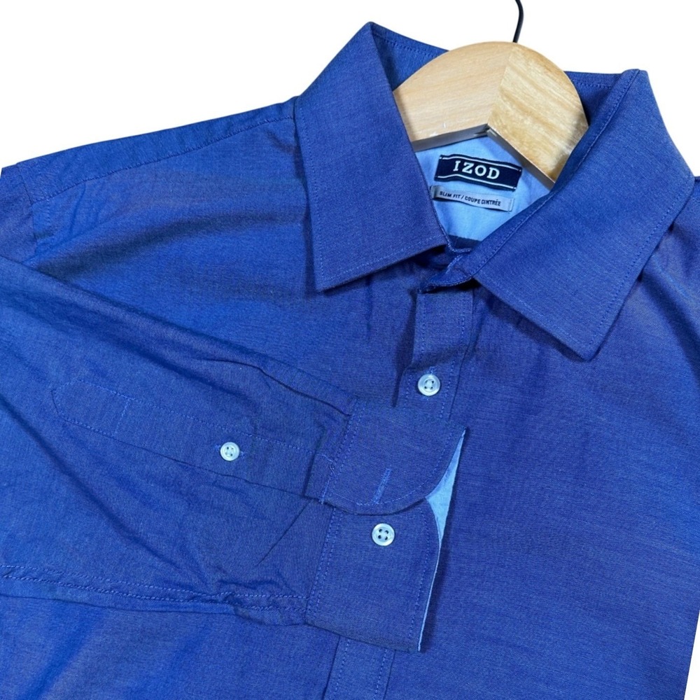 IZOD Mens Slim‎ Fit Long Sleeve Button Down Dress Shirt Blue Size Large 16-16.5
